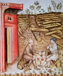 Brot essen und Wein trinken, Illustration aus Tacuinum Sanitatis Codex Vindobonensis